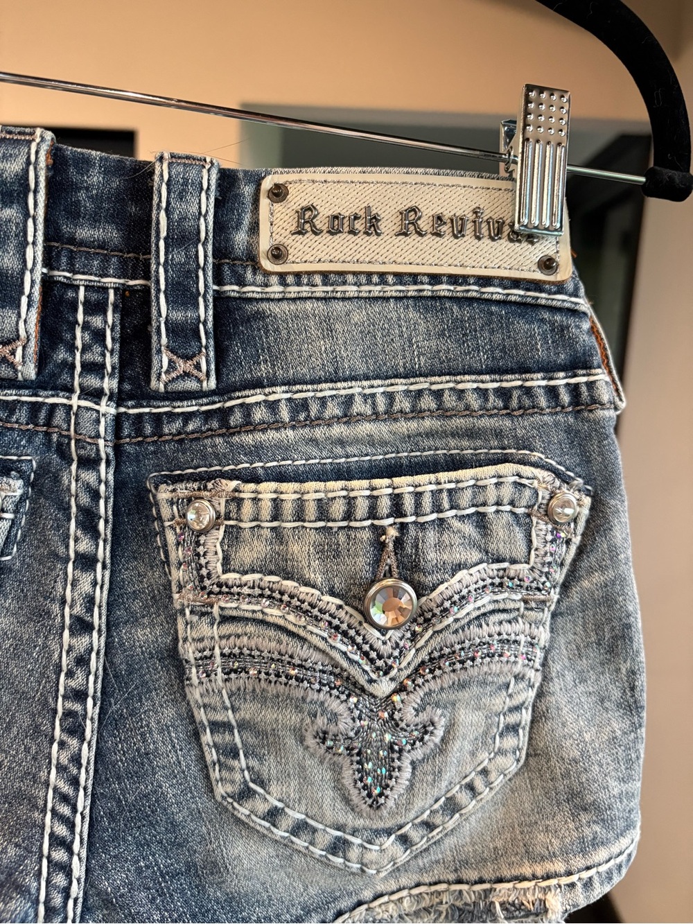 Rock Revival Women's Embellished Faded Blue Denim Shorts - Picture 5 of 5
